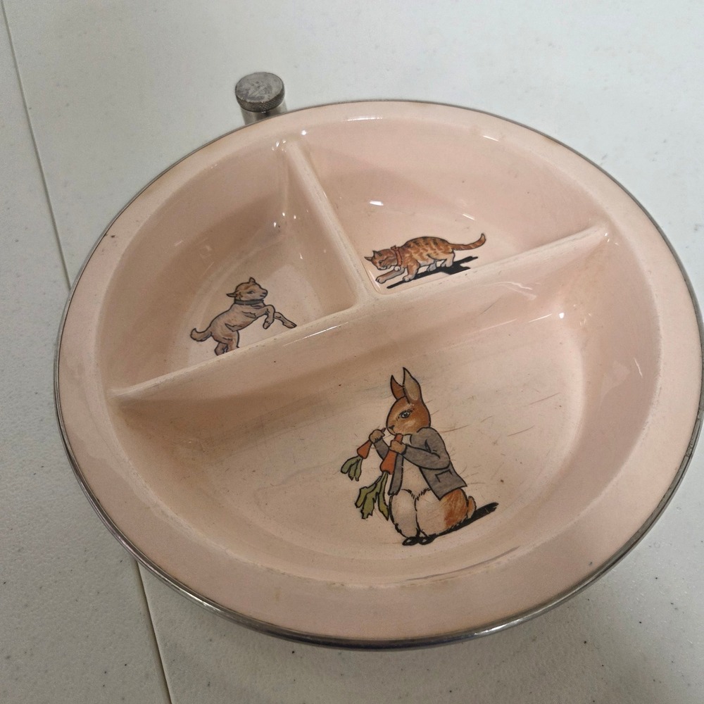 Vintage 1950s Baby Warming Bowl Divided Ceramic Pink Chrome Nursery Animals 8"